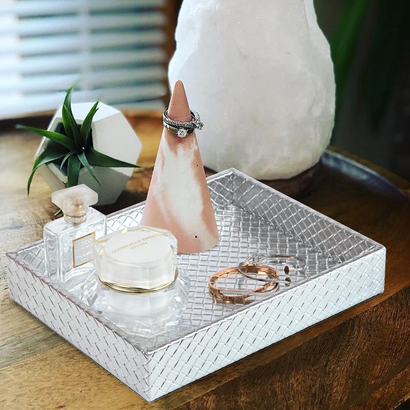 Gurfuy Rectangular Faux Leather Small Serving Tray 10" x 8" Modern Elegant Decorative Tray for Coffee Table Jewelry Perfume Organizer Living Dining Room Coffee Table Bathroom Office (Silver) - Image 3